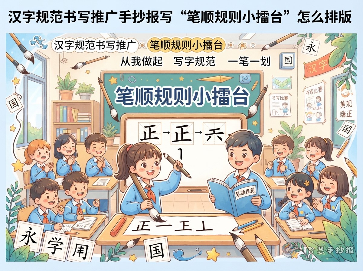 汉字规范书写推广手抄报写&ldquo;笔顺规则小擂台&rdquo;怎么排版 - 智慧手抄报专题封面图