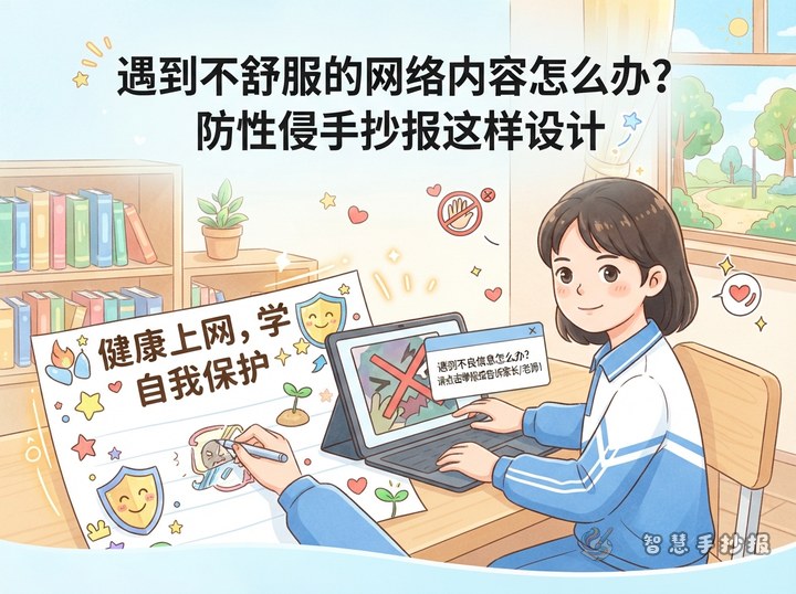 看到不舒服的网络内容怎么办？防性侵手抄报这样设计 - 手抄报专题封面