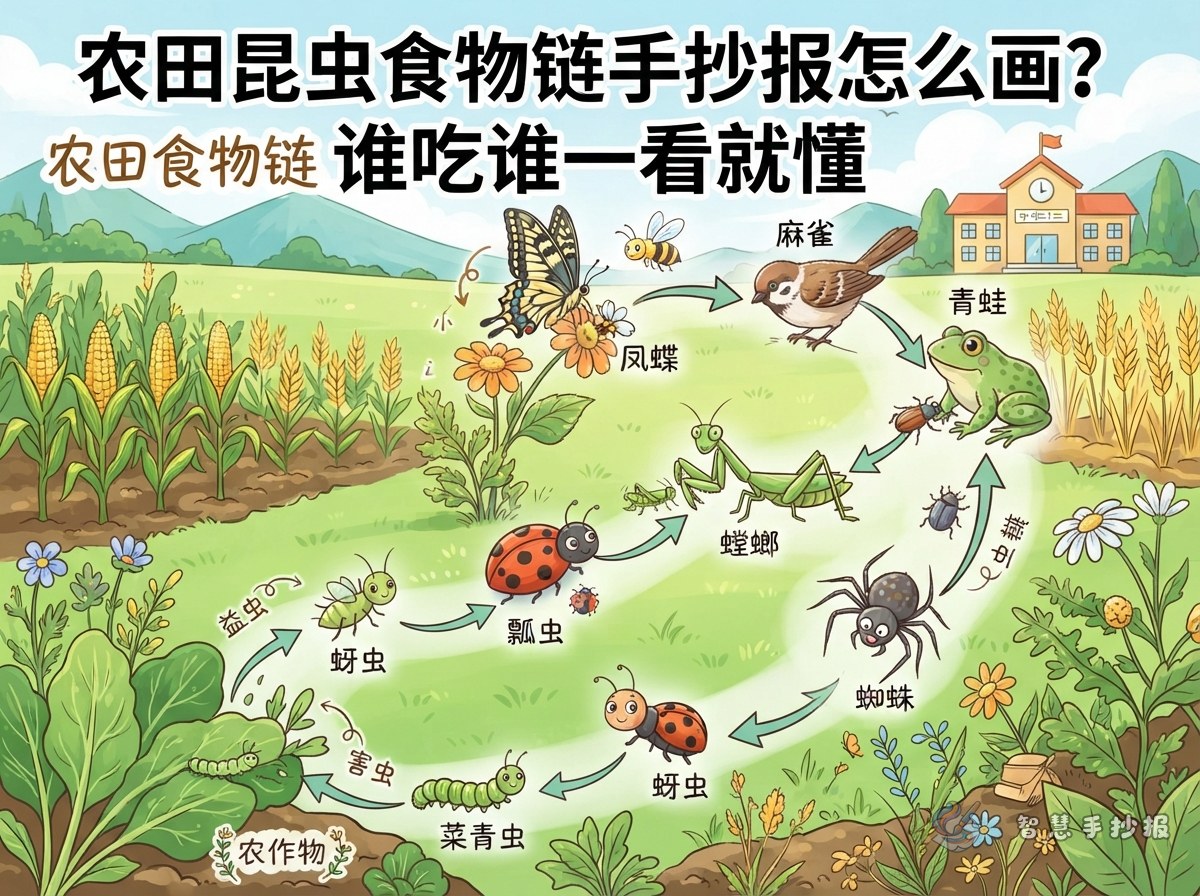 农田昆虫食物链手抄报怎么画？谁吃谁一看就懂 - 智慧手抄报专题封面图