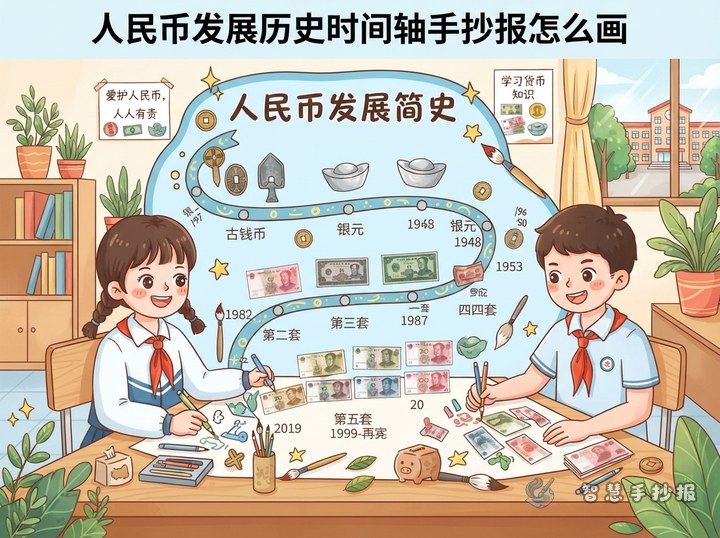 人民币发展历史时间轴手抄报怎么画 - 人民币知识与爱护货币手抄报系列作品预览