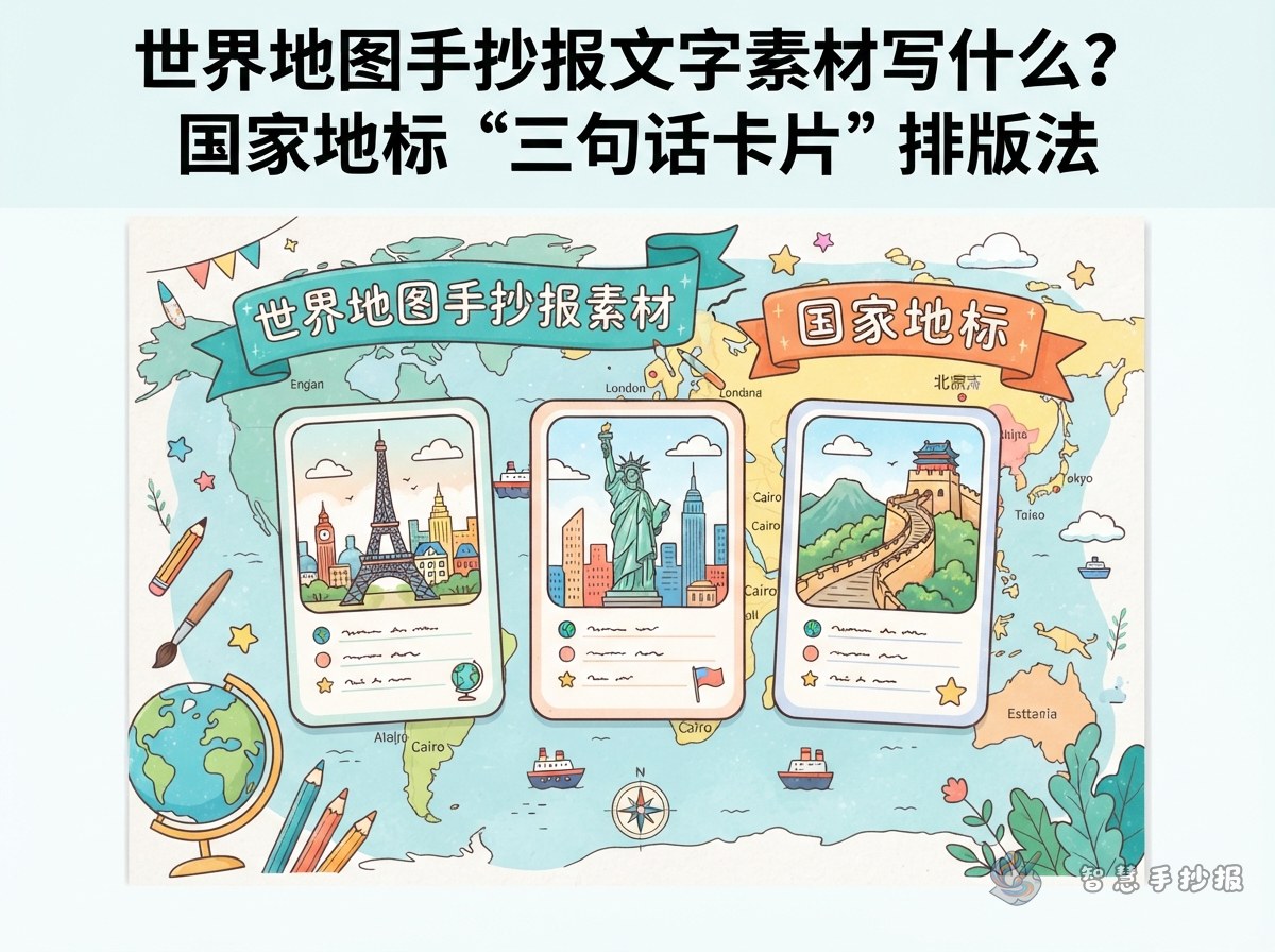 世界地图手抄报文字素材写什么？国家地标&ldquo;三句话卡片&rdquo;排版法 - 智慧手抄报专题封面图