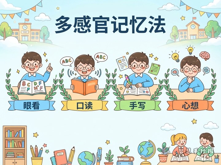 多感官记忆法手抄报怎么画？眼看、口读、手写、心想四栏版面 - 手抄报专题封面