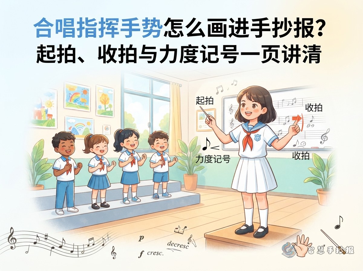 合唱指挥手势怎么画进手抄报？起拍、收拍与力度记号一页讲清 - 智慧手抄报专题封面图