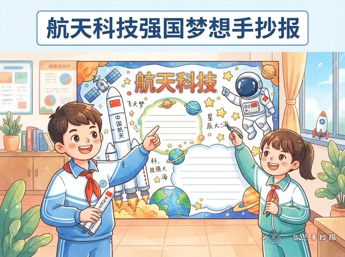 一二年级航天科技强国梦想手抄报怎么画简单又好看？ - 智慧手抄报专题封面图