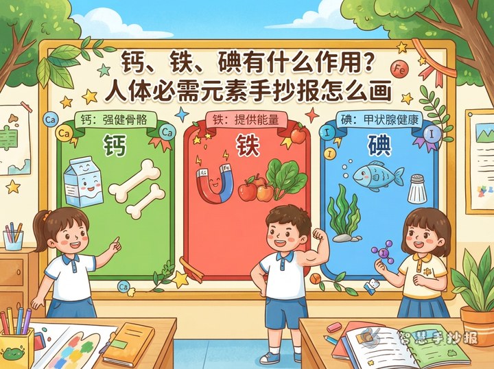 钙、铁、碘有什么作用？人体必需元素手抄报怎么画 - 相关内容封面