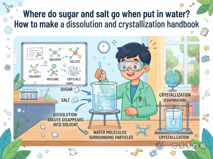 糖和盐放进水里去哪儿了？溶解与结晶手抄报怎么做 - 化学启蒙与生活物质手抄报系列作品预览