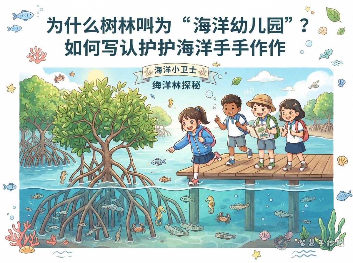 红树林为什么被叫做&ldquo;海洋幼儿园&rdquo;？保护海洋手抄报这样写 - 智慧手抄报专题封面图