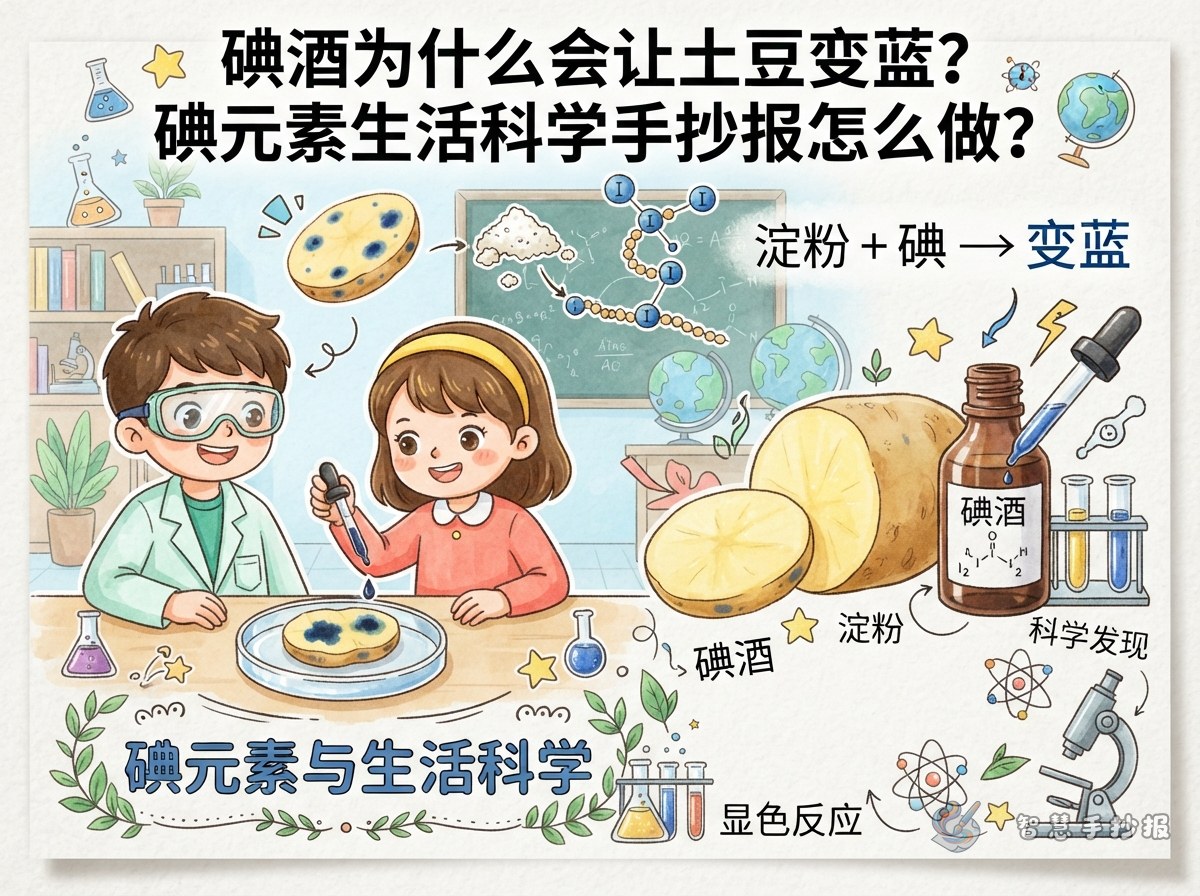 Why Does Iodine Turn Potatoes Blue? Make a Chemistry Elements Handwritten Newspaper - Poster topic cover image