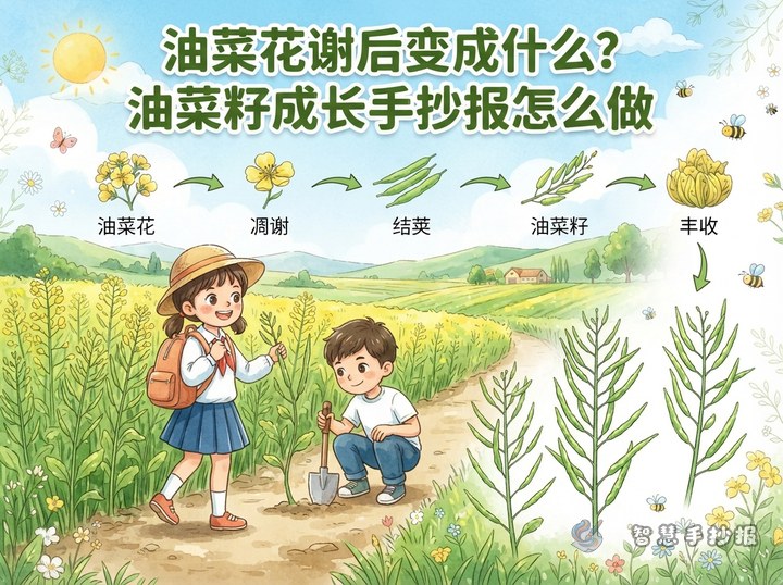 油菜花谢后变成什么？油菜籽成长手抄报怎么做 - 四季农作物与田园科普手抄报系列作品预览