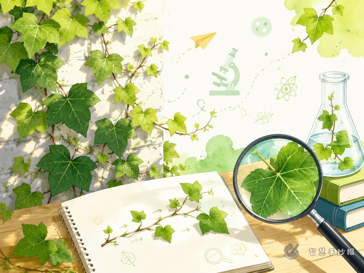 校园爬山虎观察手抄报怎么写出变化感和科学味？ - 智慧手抄报专题封面图