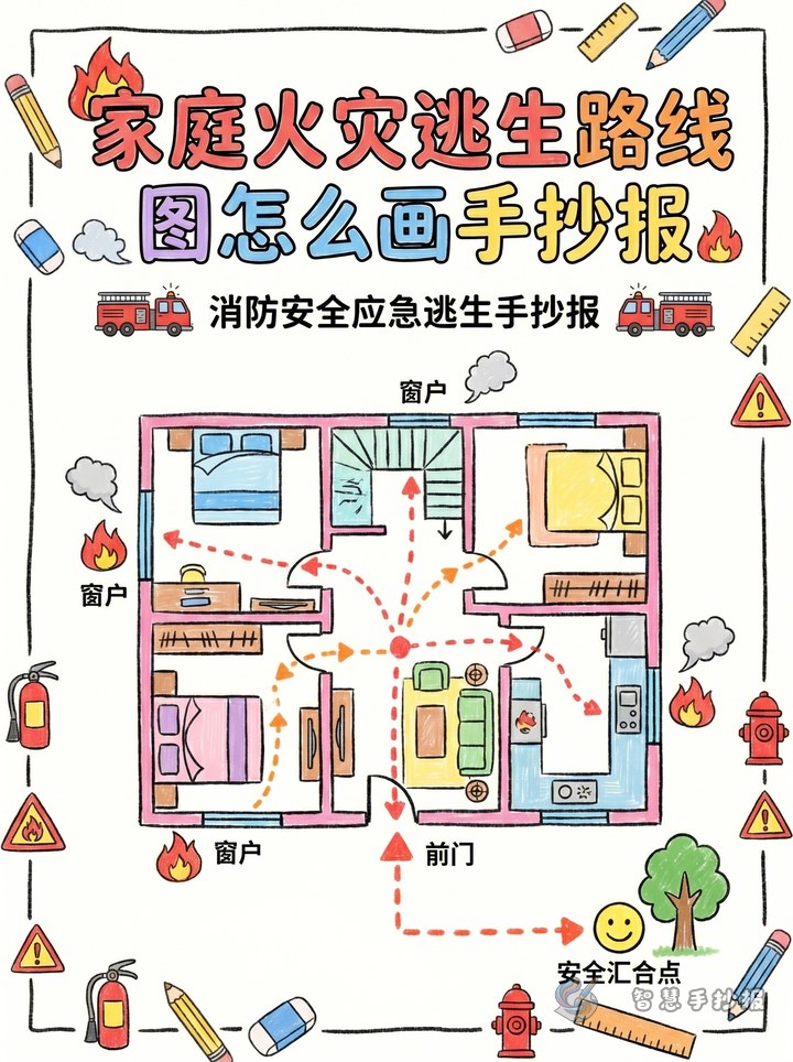 How to Draw a Home Fire Escape Route Map Poster - Sketch cover for Fire Safety and Emergency Escape Handwritten Newspaper
