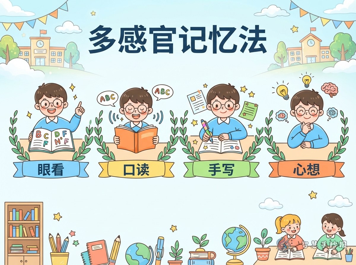 多感官记忆法手抄报怎么画？眼看、口读、手写、心想四栏版面 - 智慧手抄报专题封面图