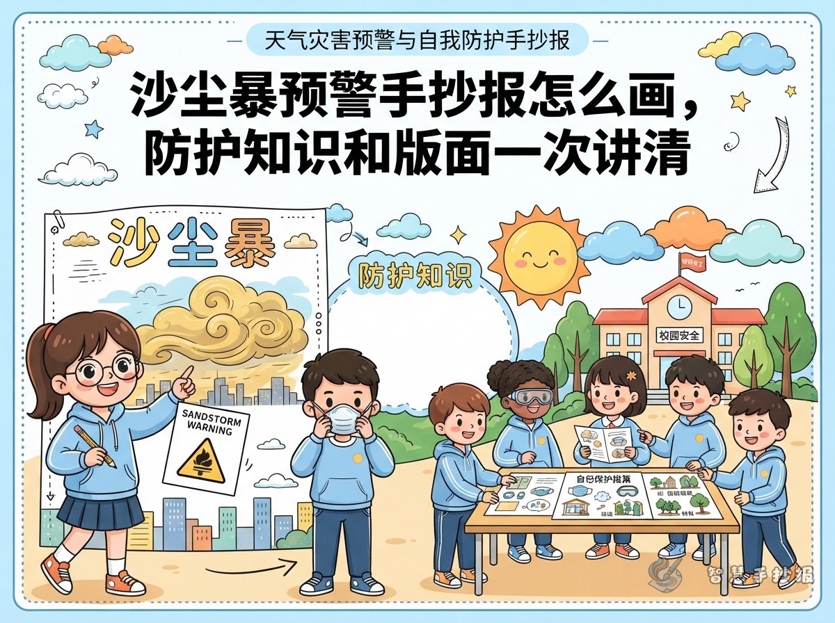 沙尘暴预警手抄报怎么画，防护知识和版面一次讲清 - 智慧手抄报专题封面图