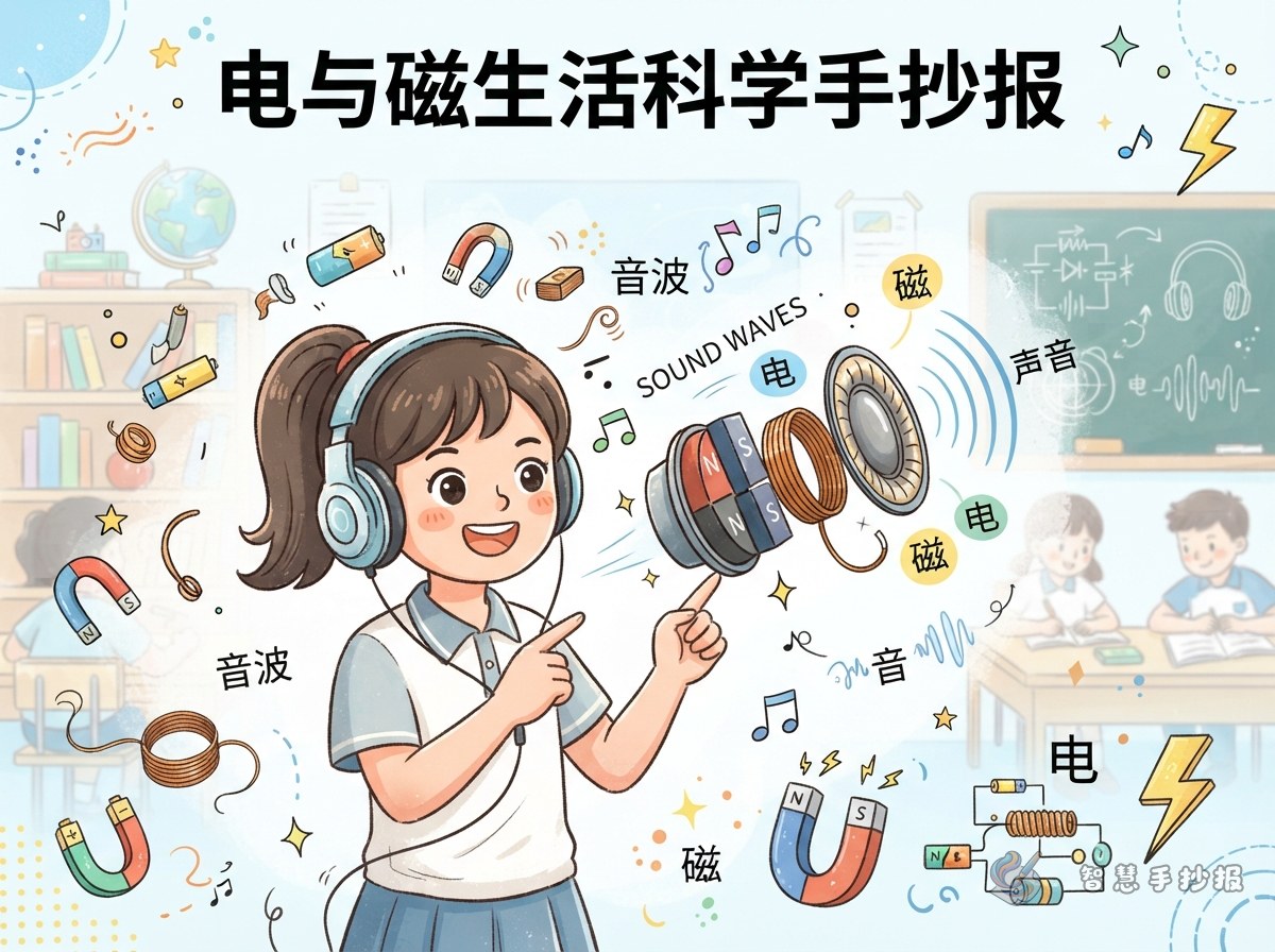 耳机为什么能发出声音？电与磁手抄报怎么做 - 智慧手抄报专题封面图