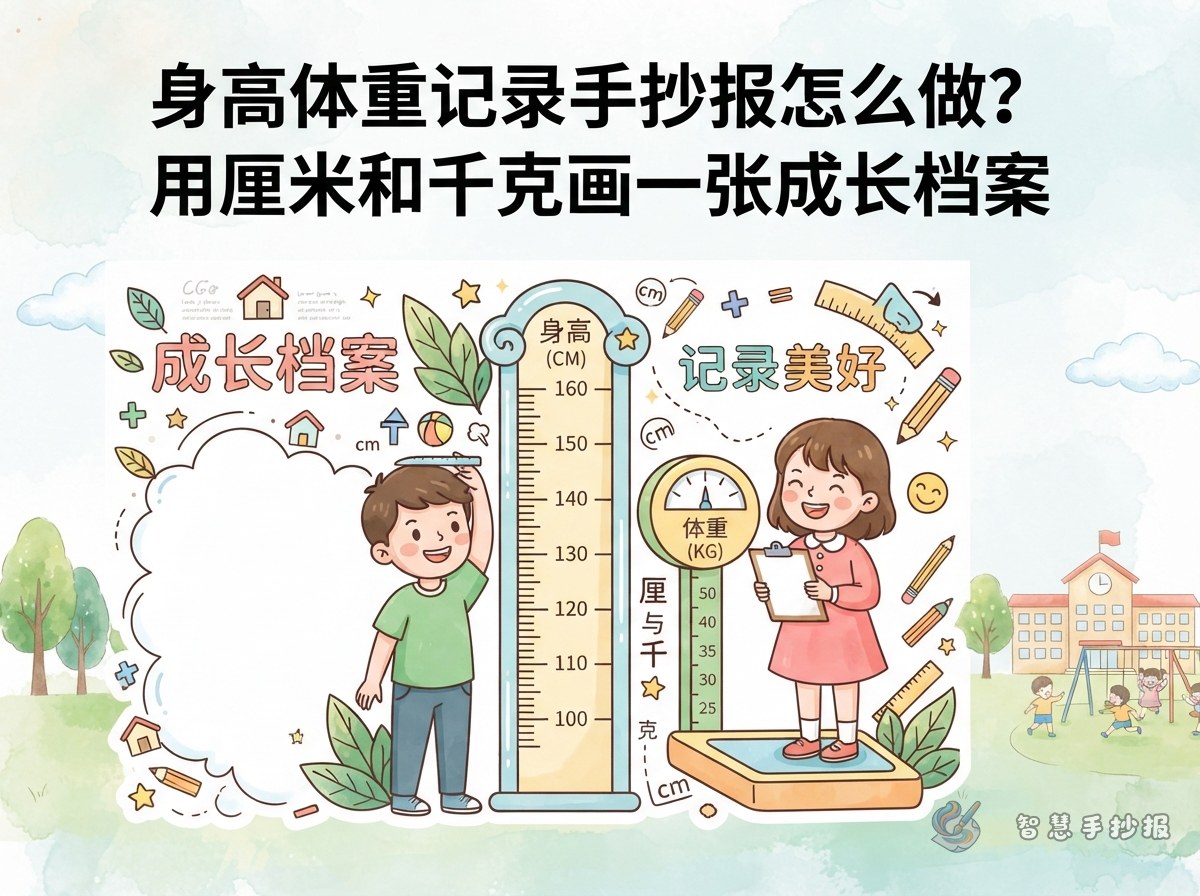 身高体重记录手抄报怎么做？用厘米和千克画一张成长档案 - 智慧手抄报专题封面图