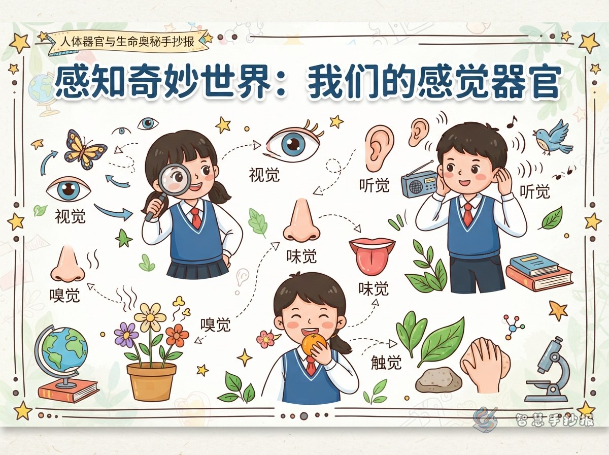 眼耳鼻舌皮肤怎样工作？感觉器官手抄报怎么画 - Poster topic cover image