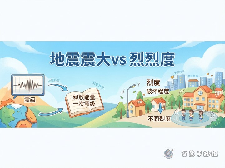 震级和烈度有什么区别手抄报内容怎么写 - 防震减灾地震科普手抄报系列作品预览