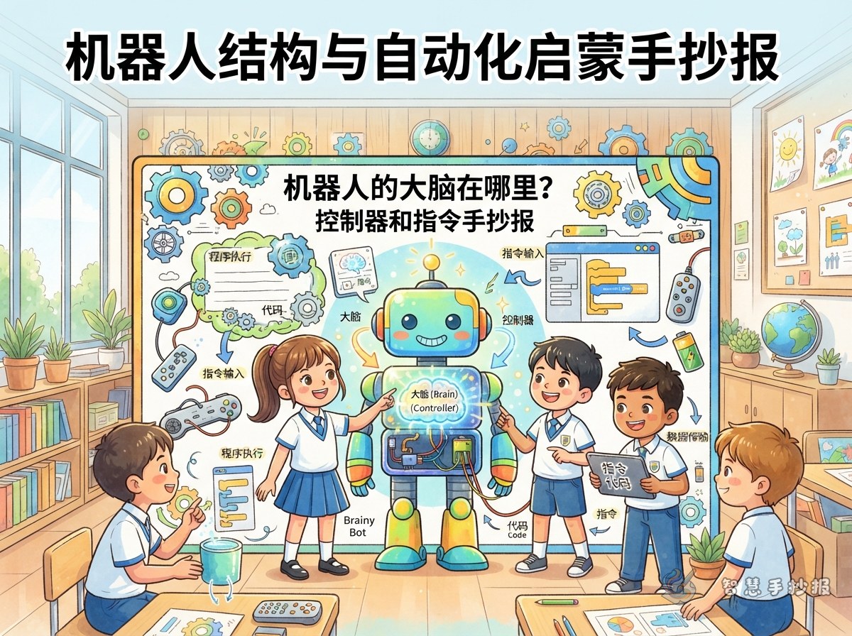 机器人的大脑在哪里？控制器和指令手抄报怎么画 - 智慧手抄报专题封面图