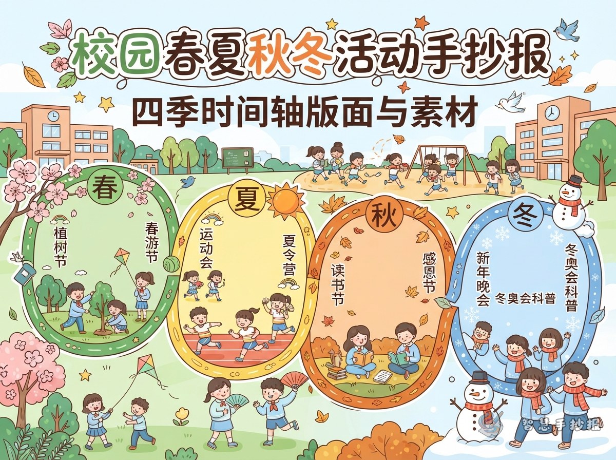 校园春夏秋冬活动手抄报写什么？四季时间轴版面与素材 - 智慧手抄报专题封面图