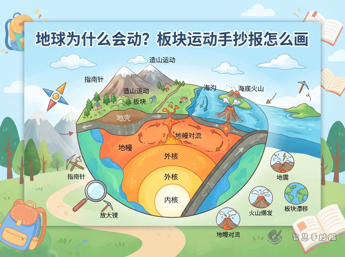 地球为什么会动？板块运动手抄报怎么画 - 智慧手抄报专题封面图