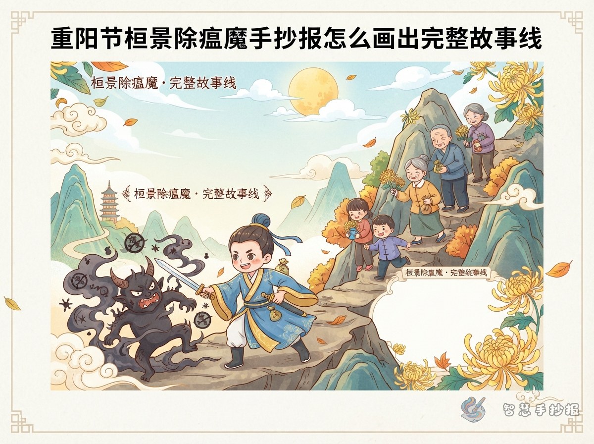 重阳节桓景除瘟魔手抄报怎么画出完整故事线 - 智慧手抄报专题封面图