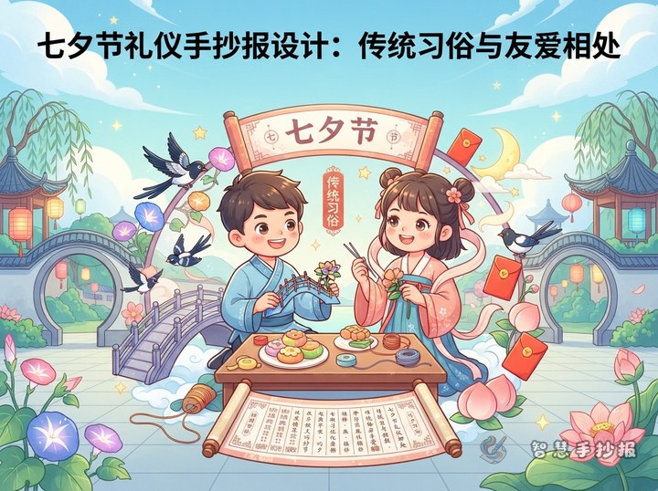 七夕节礼仪手抄报怎么设计？传统习俗与友爱相处内容 - 中国传统节日礼仪手抄报系列作品预览