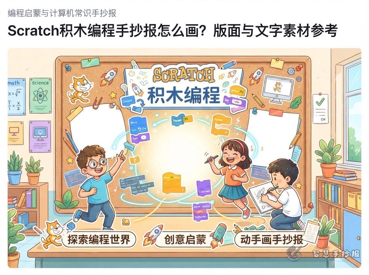 Scratch积木编程手抄报怎么画？版面与文字素材参考 - 智慧手抄报专题封面图