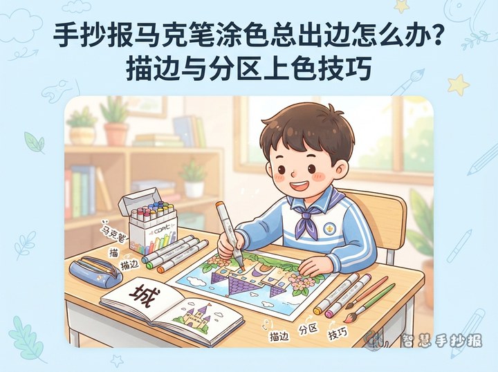 手抄报马克笔涂色总出边怎么办？描边与分区上色技巧 - 相关内容封面