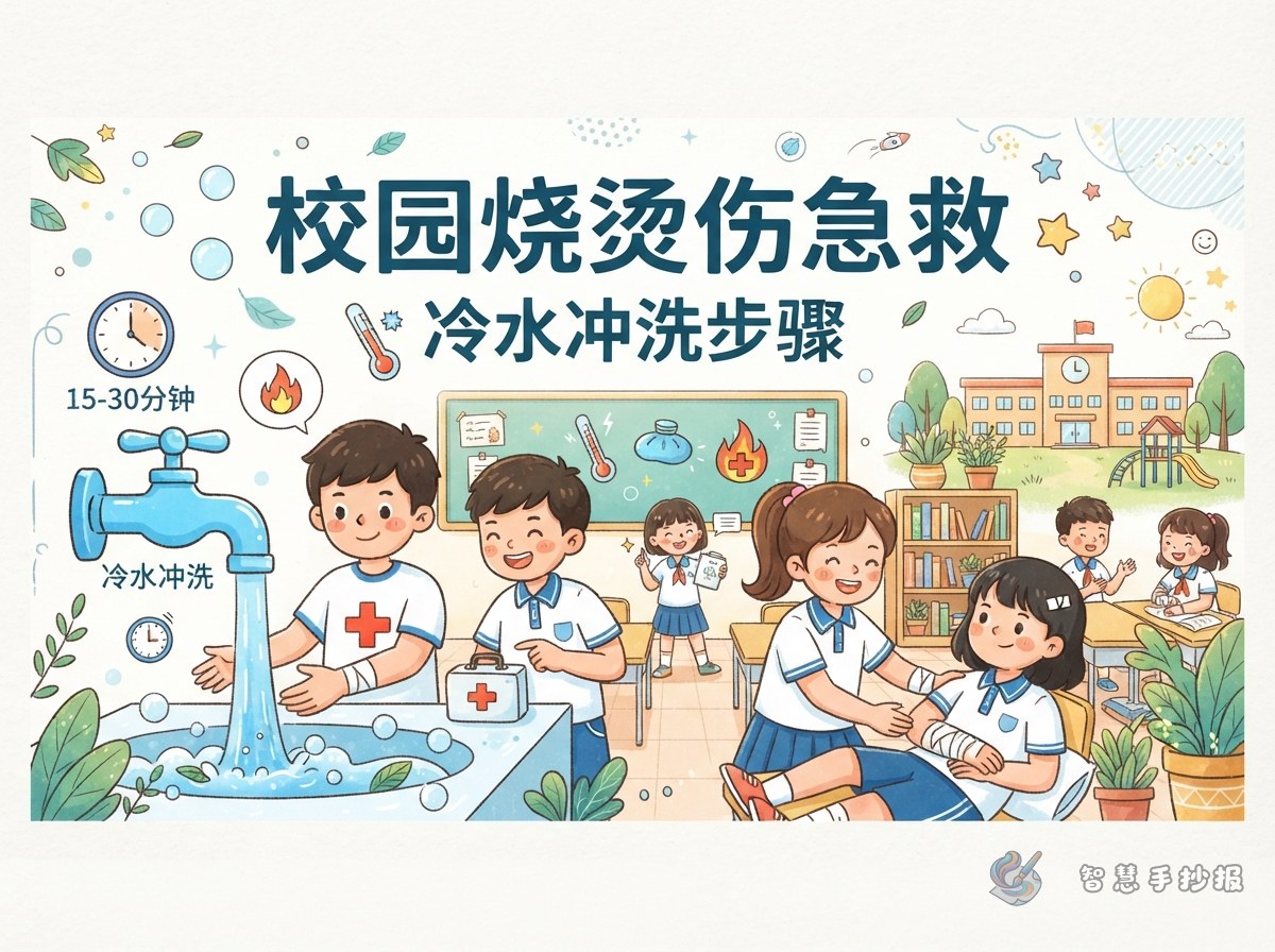 校园烧烫伤急救手抄报怎么画？冷水冲洗步骤和版面素材 - 智慧手抄报专题封面图