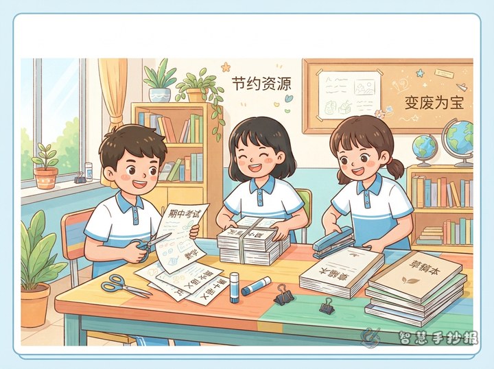 旧试卷怎样变成草稿本？校园资源再利用手抄报 - 相关内容封面