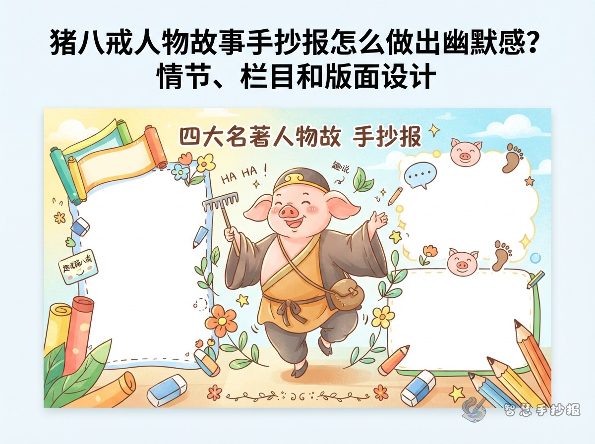 猪八戒人物故事手抄报怎么做出幽默感？情节、栏目和版面设计 - 智慧手抄报专题封面图