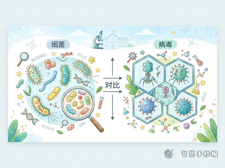 病毒和细菌有什么不同？微观世界对比手抄报怎么画 - 相关内容封面