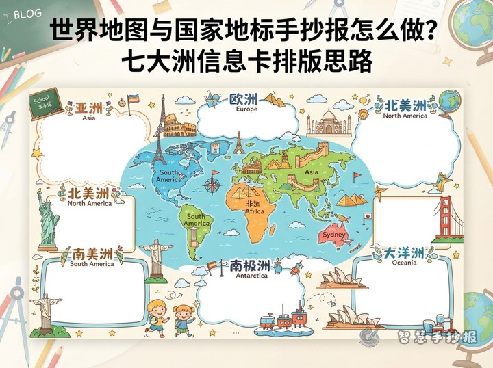 世界地图与国家地标手抄报怎么做？七大洲信息卡排版思路 - 相关内容封面