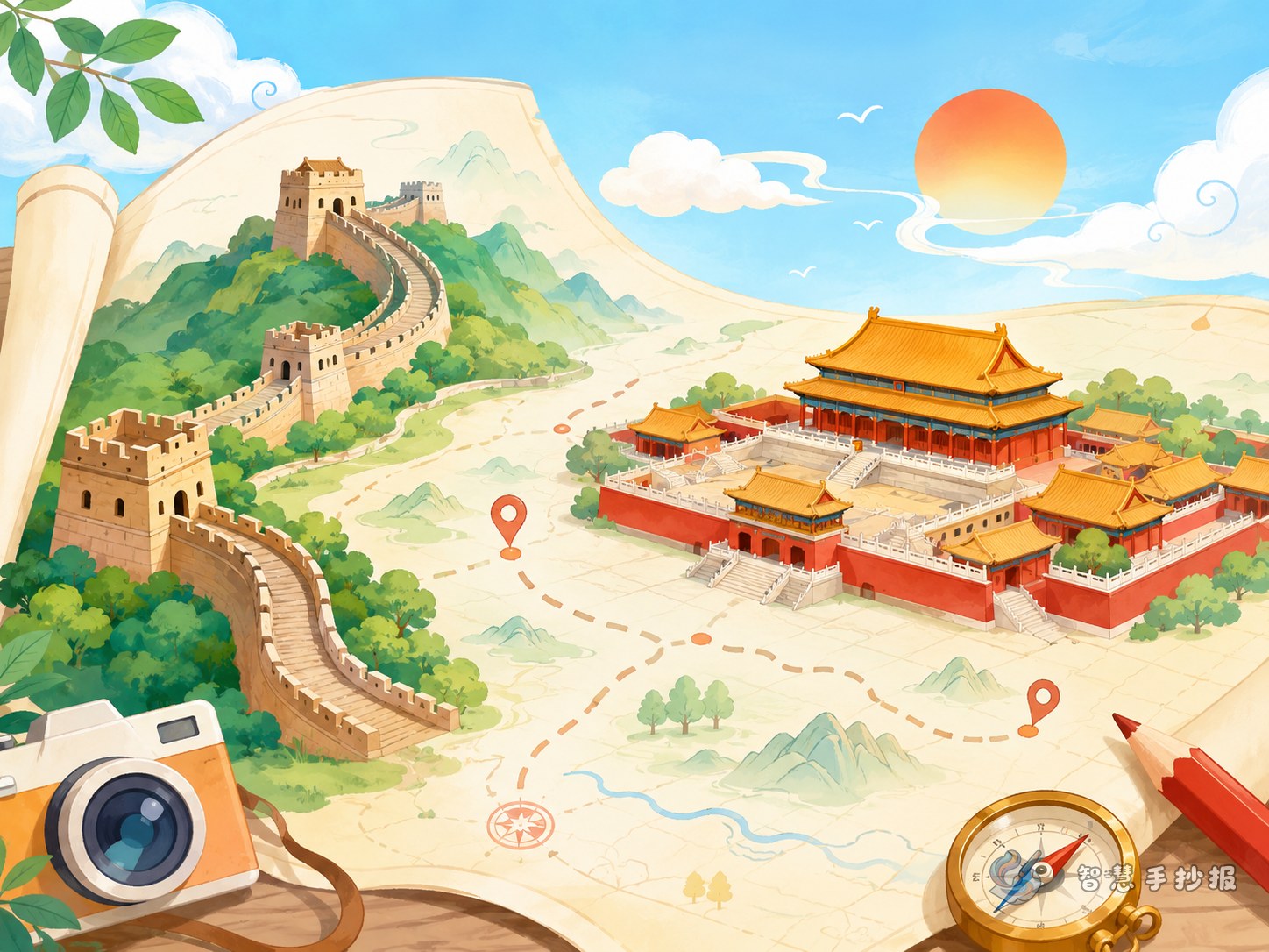 Is a travel map theme good for a Great Wall and Forbidden City handwritten newspaper? - Poster topic cover image