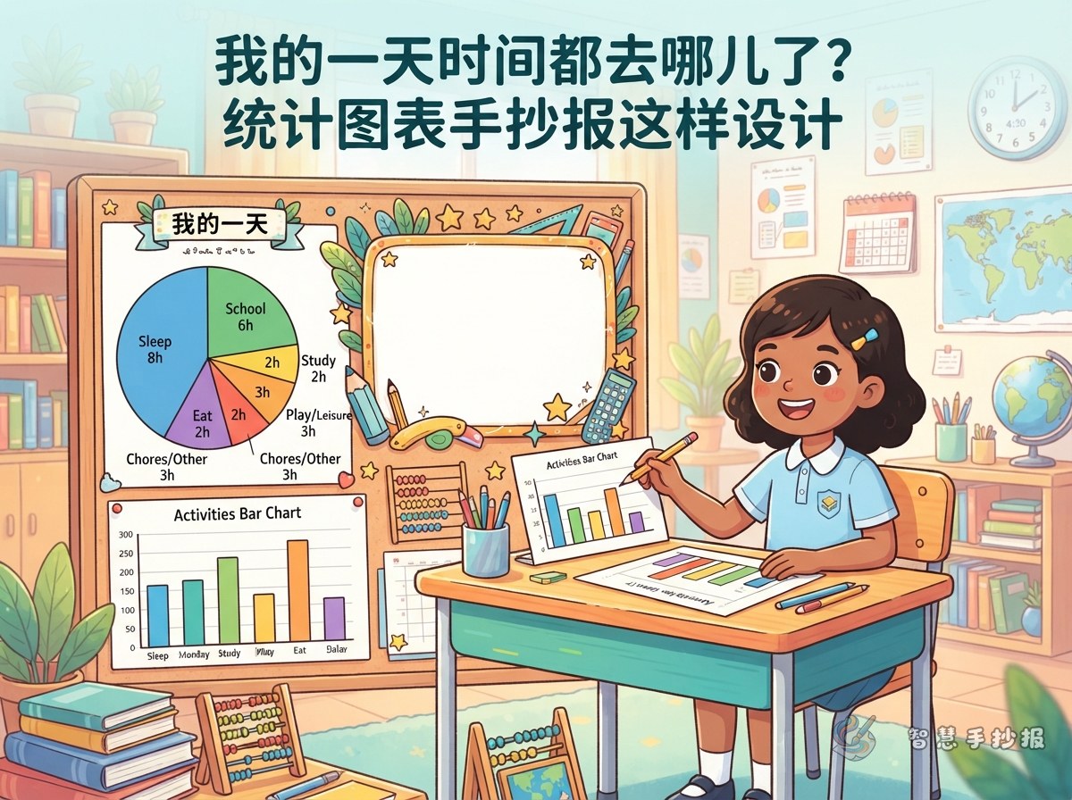 我的一天时间都去哪儿了？统计图表手抄报这样设计 - 智慧手抄报专题封面图