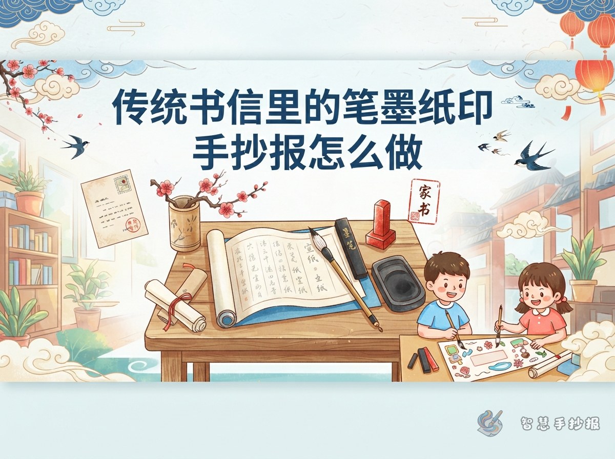 传统书信里的笔墨纸印手抄报怎么做 - 智慧手抄报专题封面图