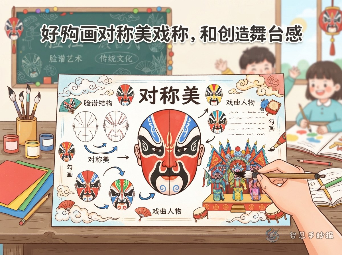 戏曲脸谱手抄报怎么画出对称脸谱和舞台感 - 智慧手抄报专题封面图