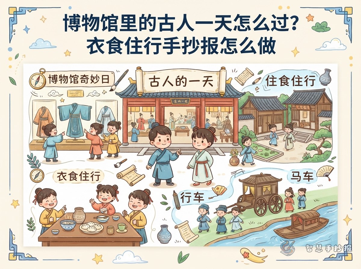 博物馆里的古人一天怎么过？衣食住行手抄报怎么做 - 智慧手抄报专题封面图