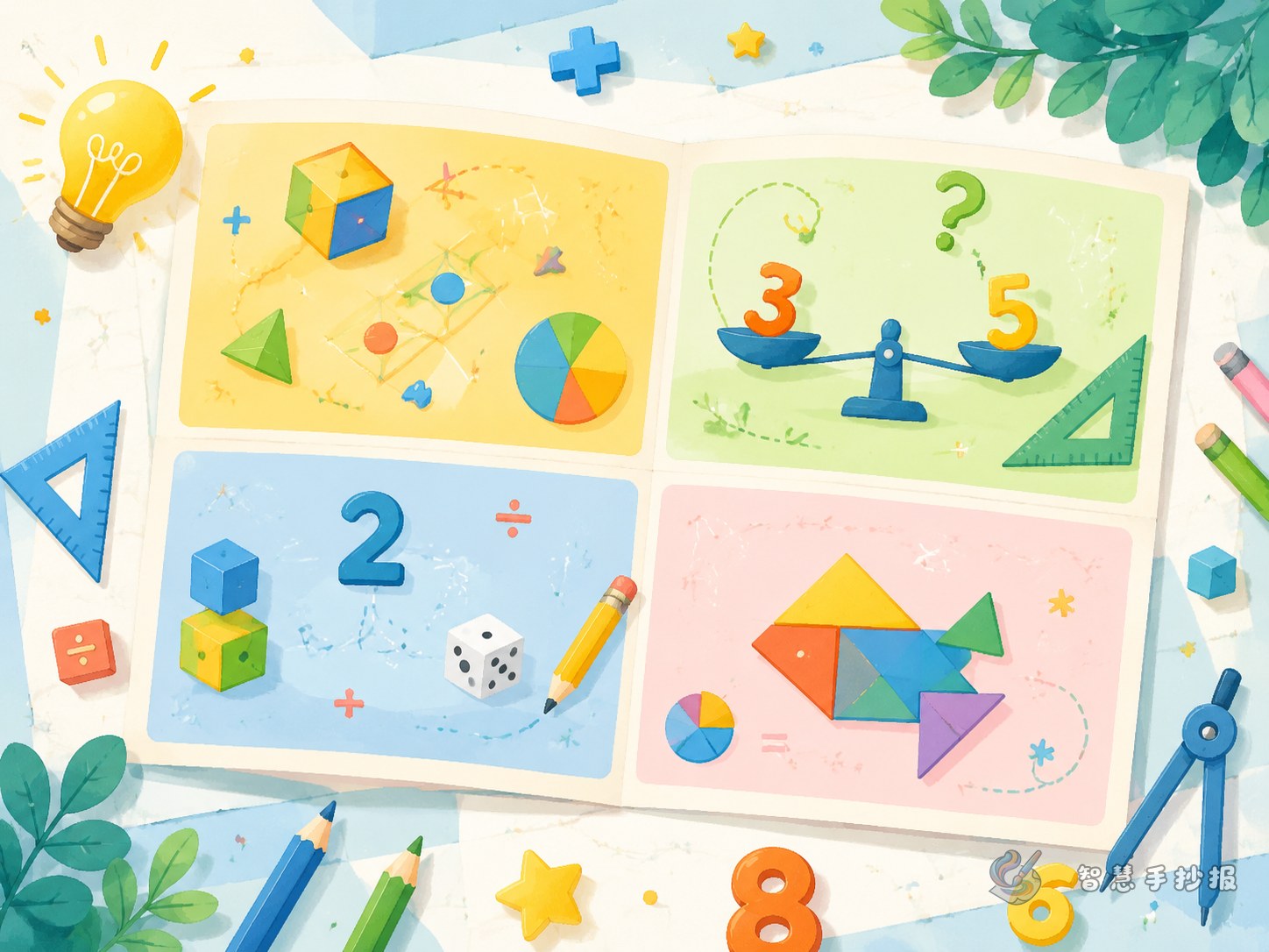 How can a four-panel fun math poster look neat and playful? - Poster topic cover image