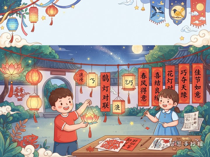 七夕节花灯对联手抄报怎么画，文字素材有哪些 - 中国传统节日对联灯笼手抄报系列作品预览