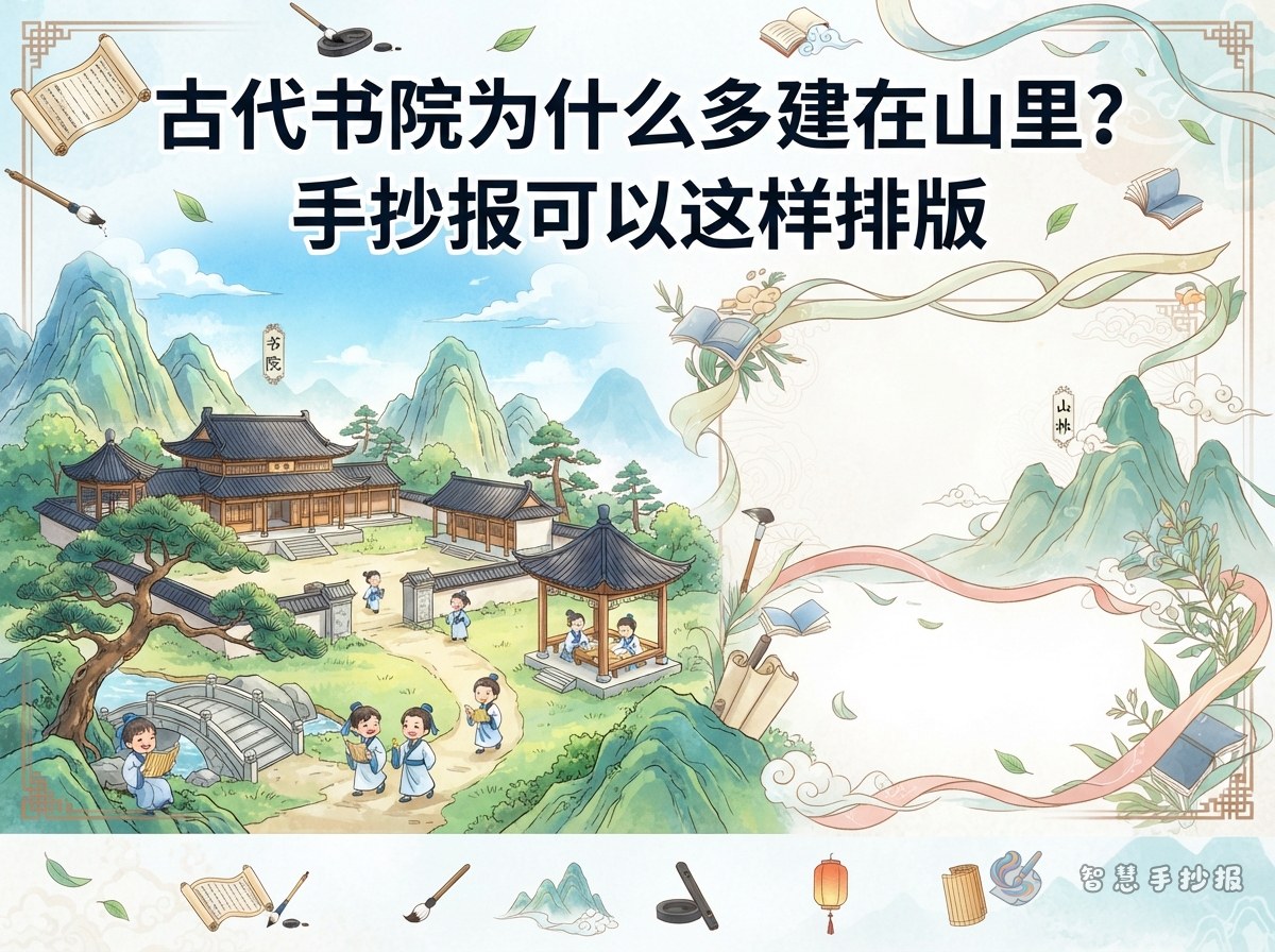 古代书院为什么多建在山里？手抄报可以这样排版 - 智慧手抄报专题封面图