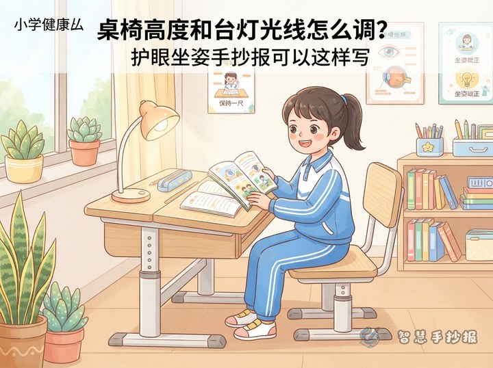 桌椅高度和台灯光线怎么调？护眼坐姿手抄报可以这样写 - 相关内容封面