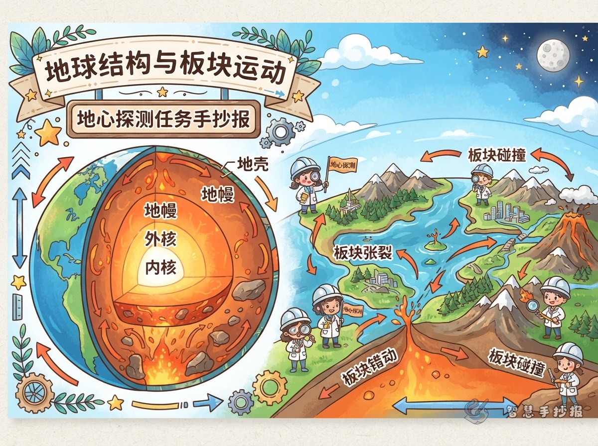 地心探测任务手抄报：地球结构和板块怎么画？ - 智慧手抄报专题封面图
