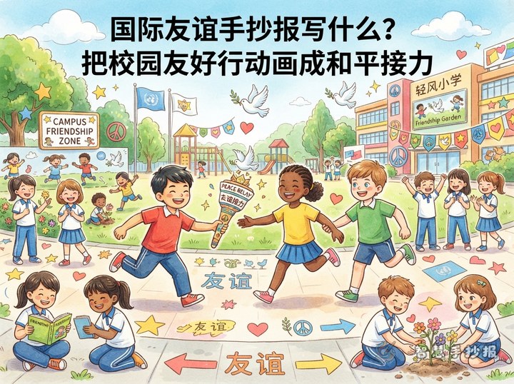 国际友谊手抄报写什么？把校园友好行动画成和平接力 - 相关内容封面