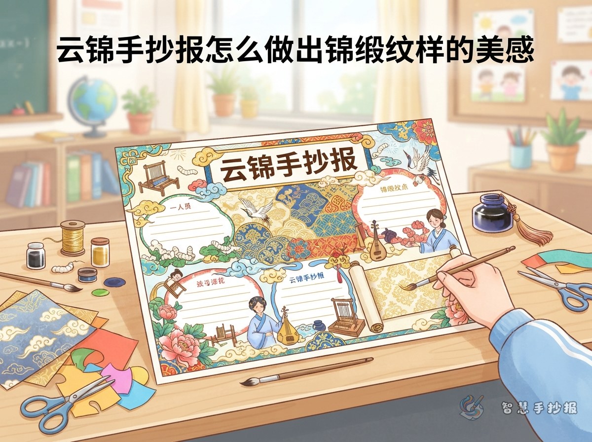 云锦手抄报怎么做出锦缎纹样的美感 - 智慧手抄报专题封面图
