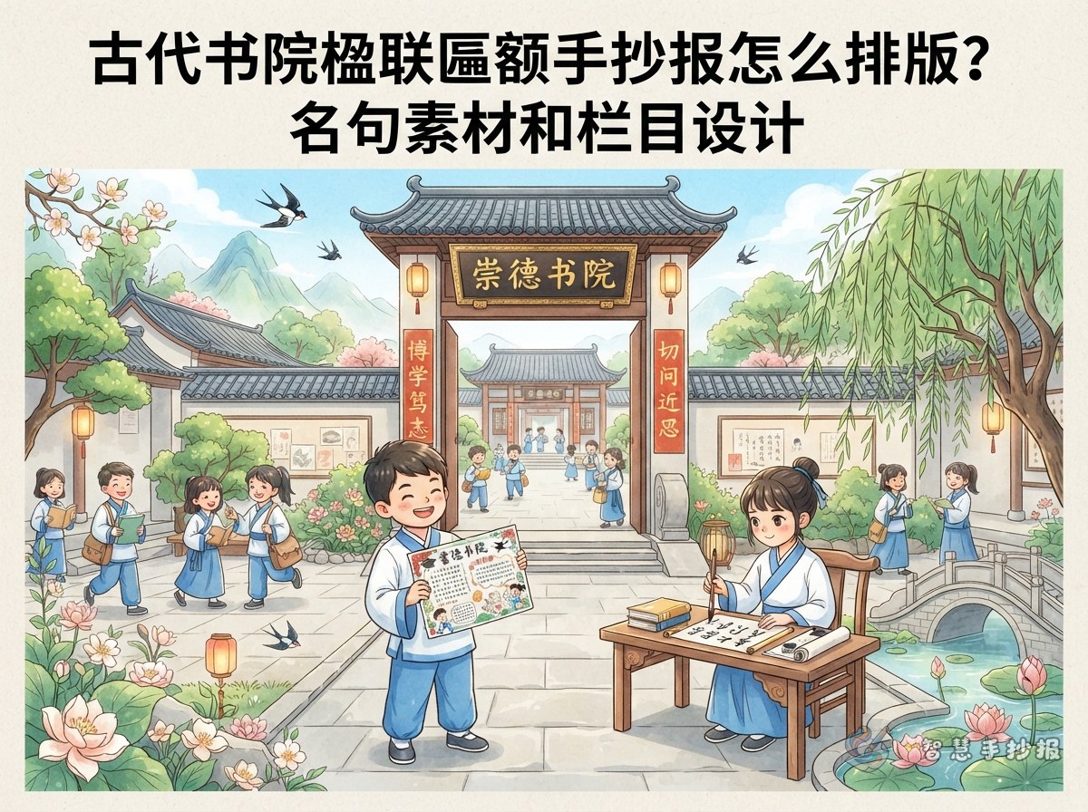 古代书院楹联匾额手抄报怎么排版？名句素材和栏目设计 - 智慧手抄报专题封面图