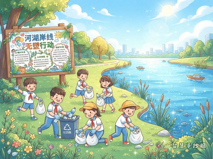 河湖岸线无塑行动手抄报怎么画更醒目 - 河流湖泊生态保护手抄报系列作品预览