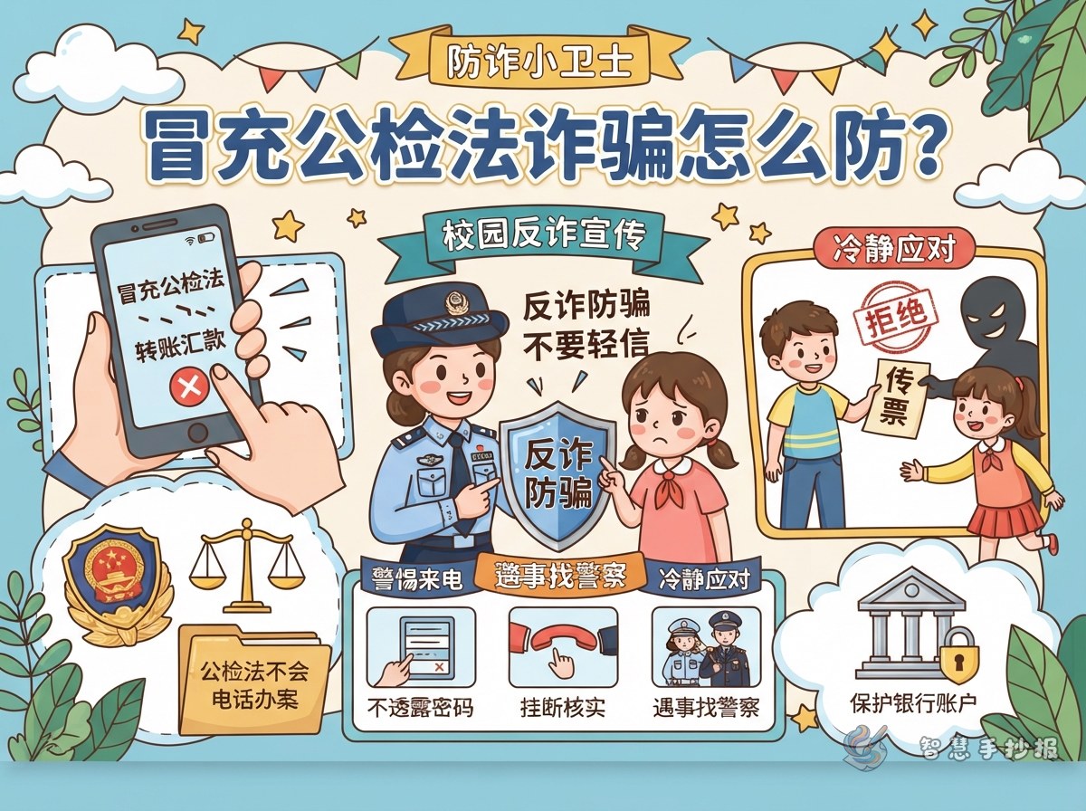 冒充公检法诈骗怎么防？反诈手抄报内容与版面思路 - 智慧手抄报专题封面图