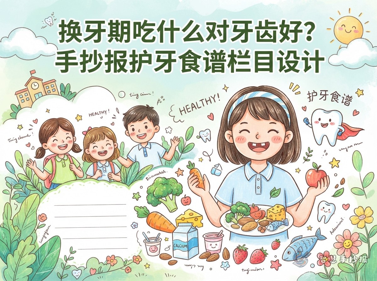 换牙期吃什么对牙齿好？手抄报护牙食谱栏目设计 - 智慧手抄报专题封面图