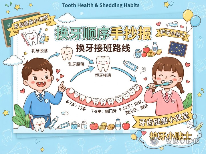 换牙顺序手抄报怎么画？用牙齿接班路线讲护牙 - 牙齿健康换牙习惯养成手抄报系列作品预览